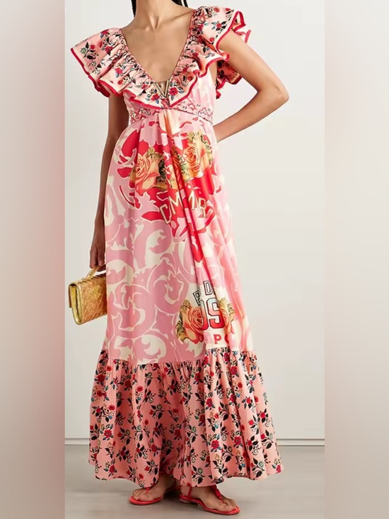 Dresses & Skirts - NEW $285 Rio Brasilla Pink Floral Ruffle V-Neck Maxi Dress